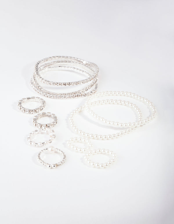 Silver Diamante & Pearl Bracelet & Ring Pack