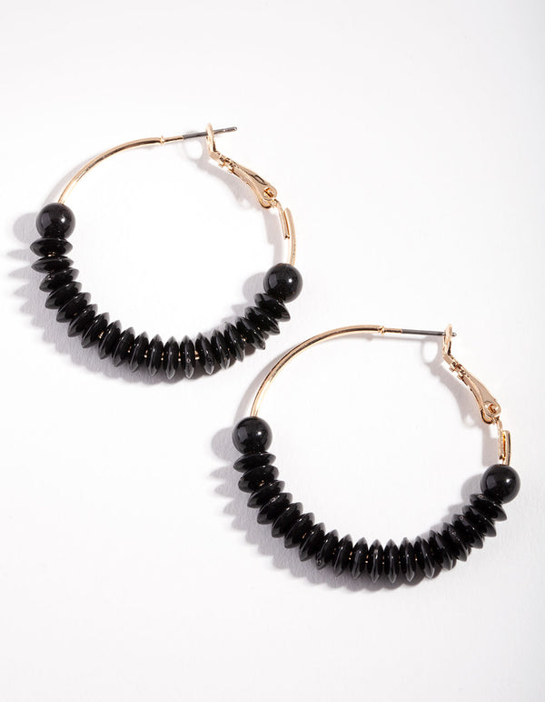 Gold Black Flat Bead Hoop Earrings