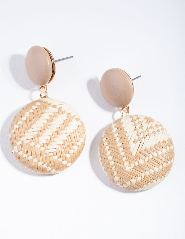 Brown Raffia Disc Drop Earrings