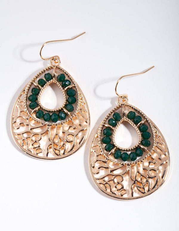 Gold Green Facet Filigree Teardrop Earrings