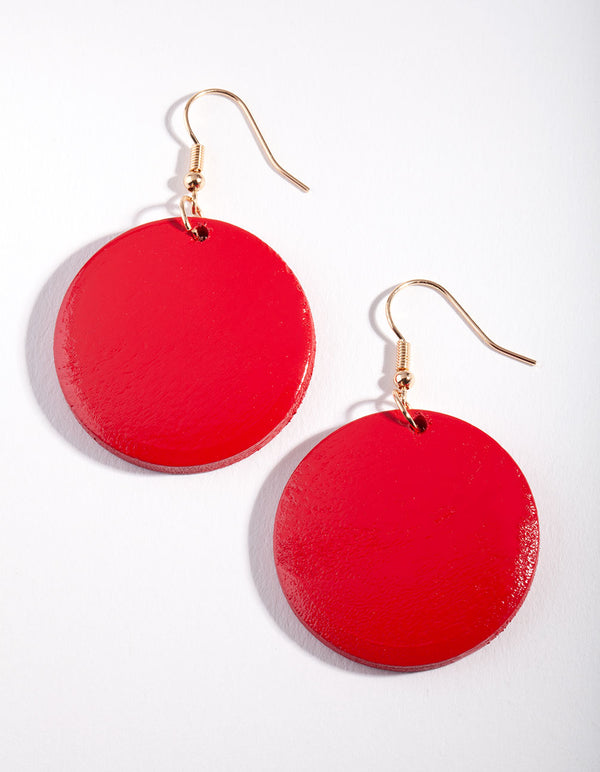 Red Circle Disc Drop Earrings