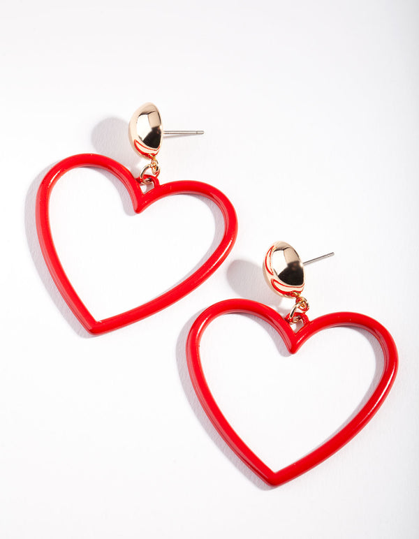 Gold Red Enamel Heart Earrings