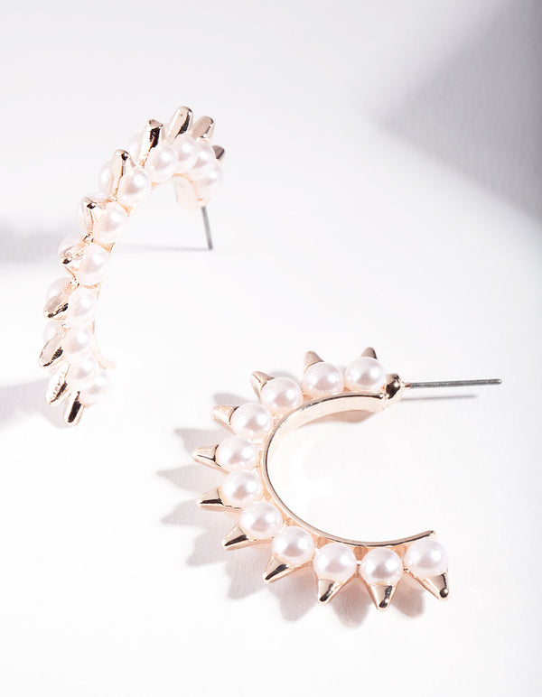 Rose Gold Pearl Spike Hoop Earrings