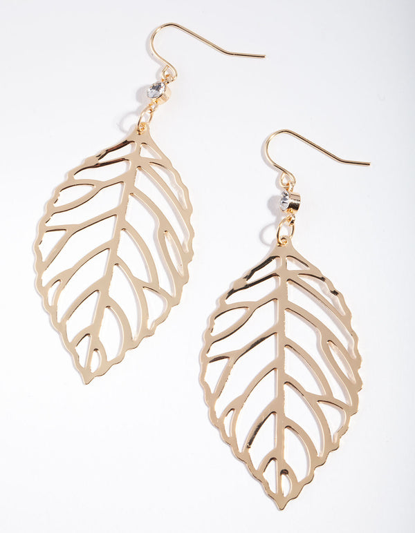 Gold Diamante Cut-Out Leaf Earrings