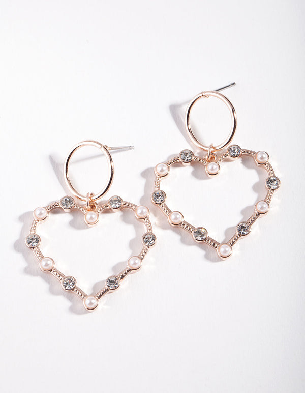 Rose Gold Open Diamante Heart Drop Earrings