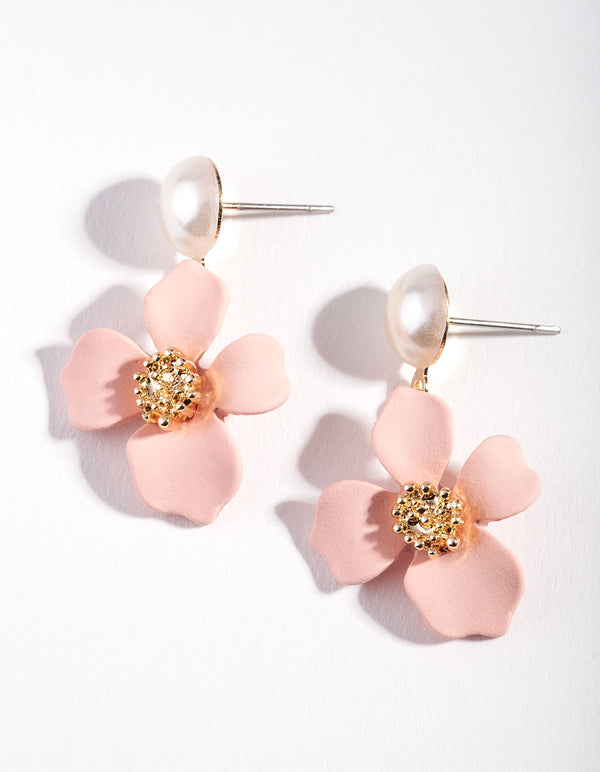 Gold Matte Pink Flower Drop Earrings