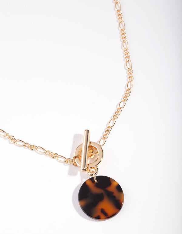 Gold Tortoise Shell Disc T Bar Necklace