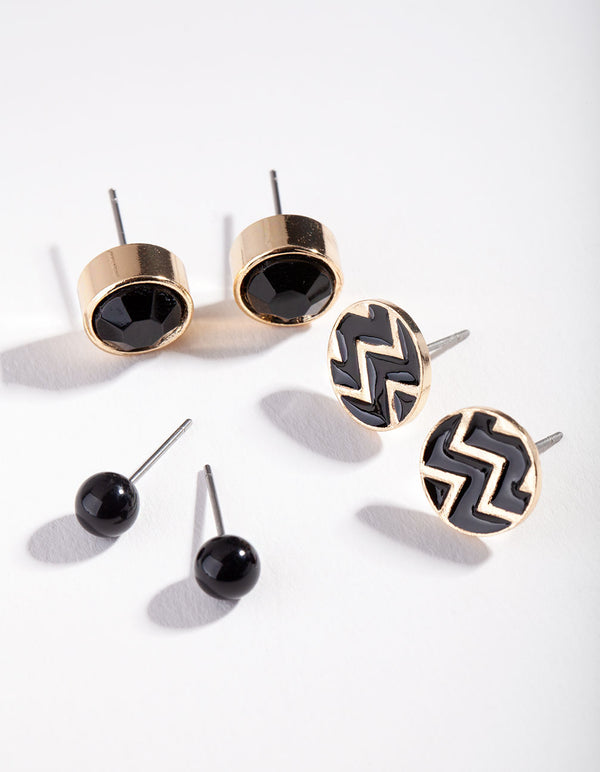 Gold Black Chevron Stud Earring Pack