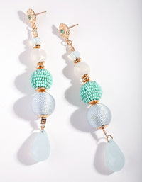 Gold Multi Textured Blue Bead Drop Earrings - link has visual effect only