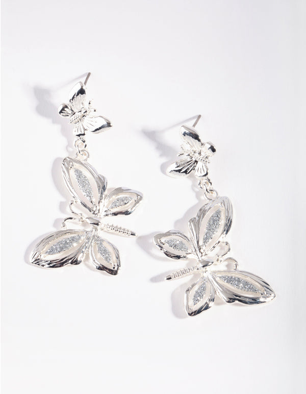 Silver Glitter Butterfly Drop Earrings