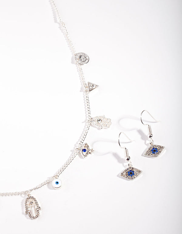 Silver Evil Eye Charm Necklace Earrings Set