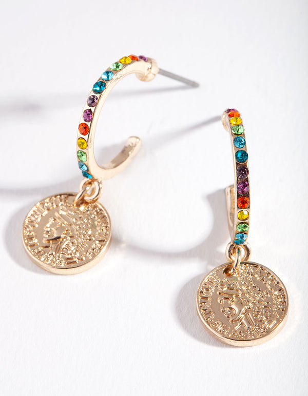 Gold Rainbow Diamante Circle Charm Earrings