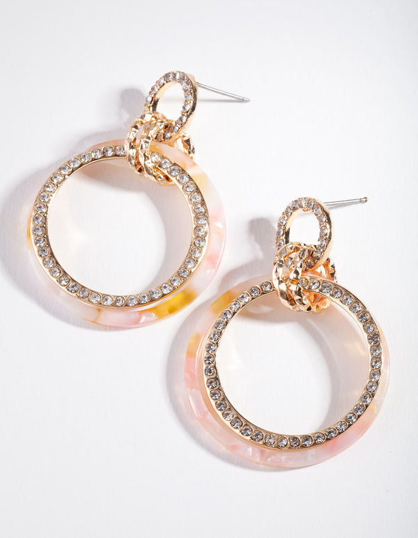 Gold Pink Diamante Acrylic Loop Earrings