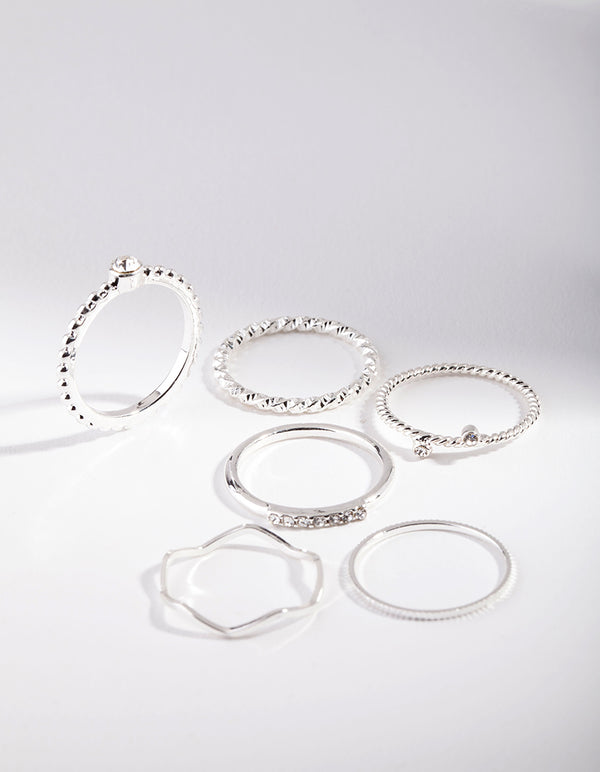 Silver Diamante Mixed Band Ring 6-Pack