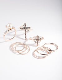 Rose Gold Cross & Pearl Ring 7-Pack - link has visual effect only