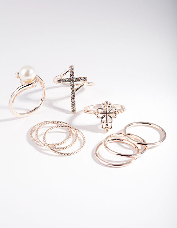 Rose Gold Cross & Pearl Ring 7-Pack