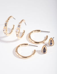 Gold Large Hoop Cratered Stone Earring Pack - link has visual effect only