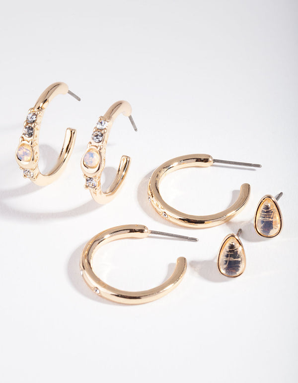 Gold Large Hoop Cratered Stone Earring Pack