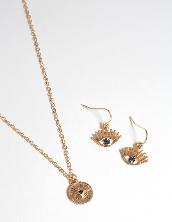 Gold Evil Eye Earring & Necklace Set