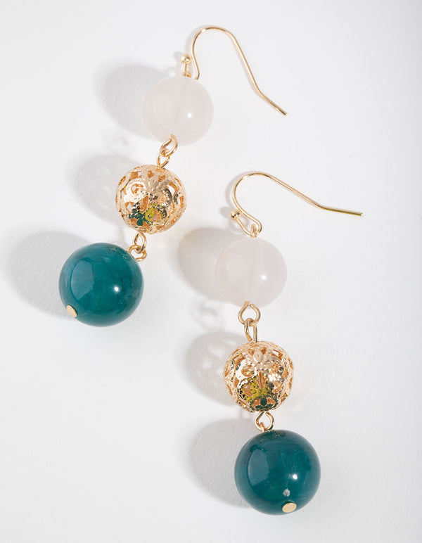 Gold Triple Bead Drop Earrings