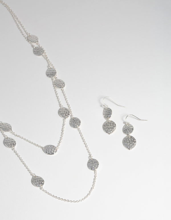 Silver Textured Layer Earring & Necklace Set