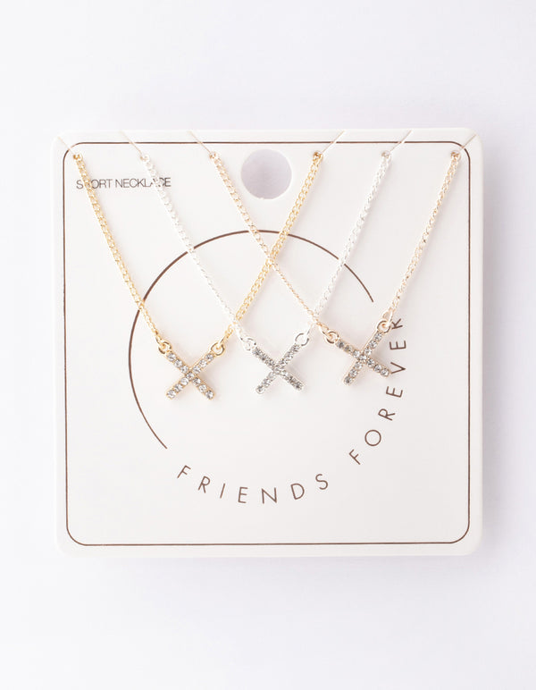 Mixed Metal Diamante Cross Necklace Pack