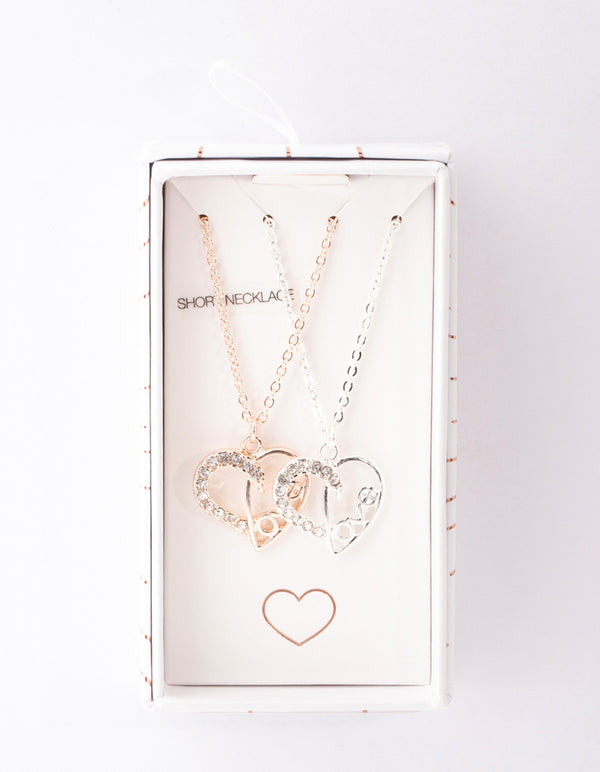 Mixed Metal Diamante Love Heart Necklace Pack