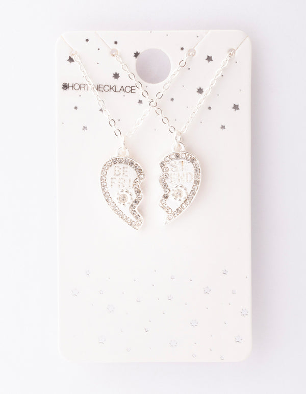 Silver Diamante Best Friend Half Heart Necklace Pack