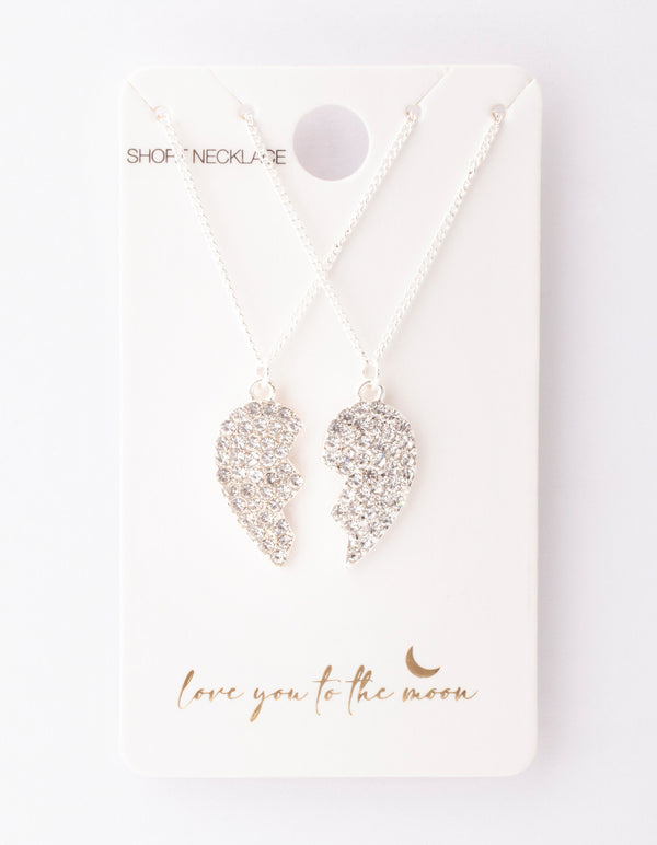 Silver Diamante Half Heart Necklace Pack