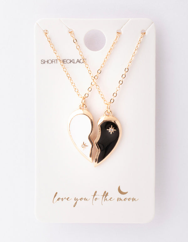 Gold Black & White Half Heart Yin & Yang Necklace Pack