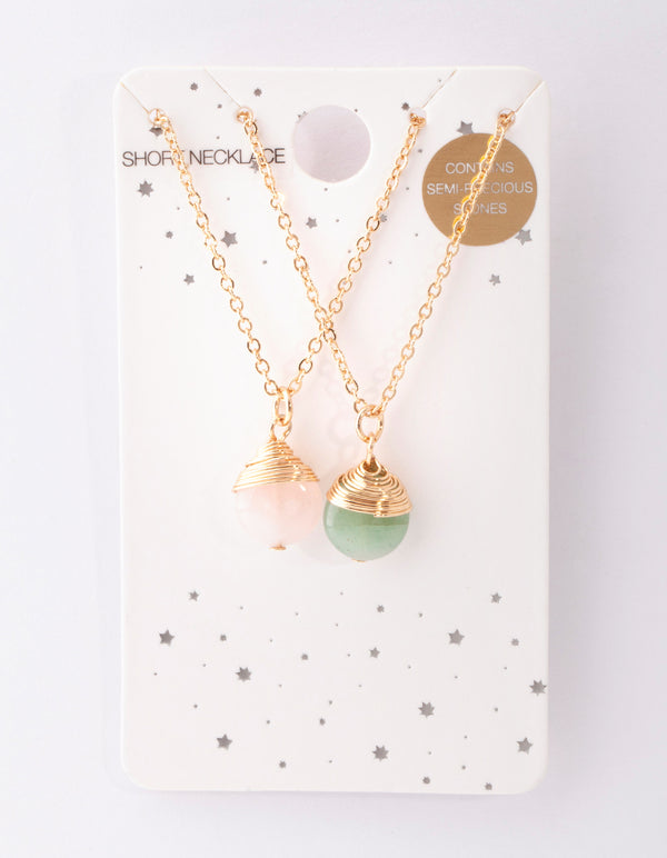 Gold Pink & Green Semi Precious Necklace Pack