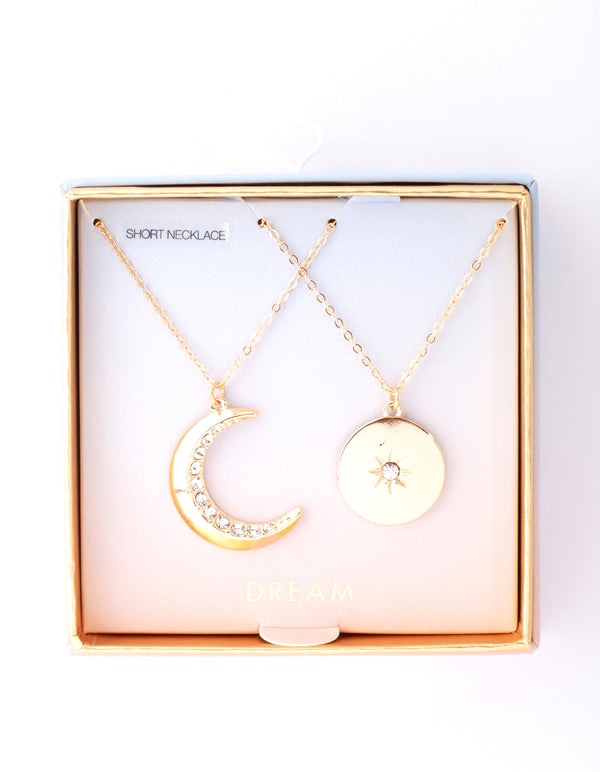 Gold Moon & Star Diamante Necklace Pack