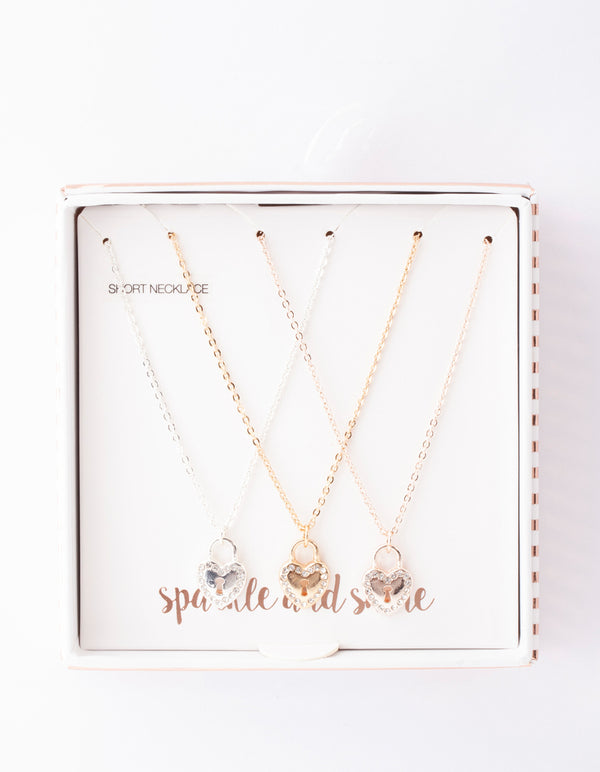 Mixed Metal Diamante Heart Lock Necklace Pack