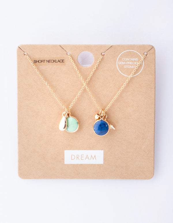 Gold Blue & Turquoise Stone Charm Necklace Pack