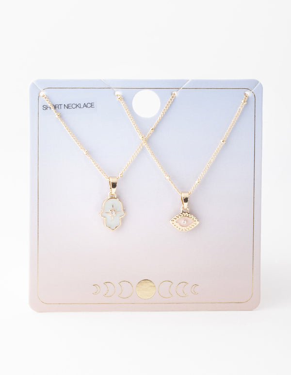 Gold Evil Eye & Hamsa Hand Necklace Pack