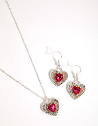 Heart Red Diamante Earring & Necklace Set - link has visual effect only