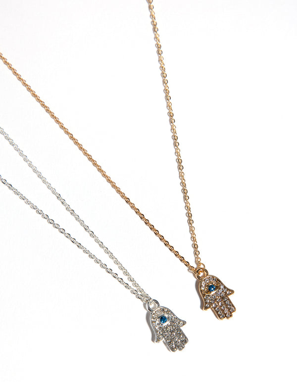 Mixed Metal Blue Stone Hamsa Hand Necklace Pack