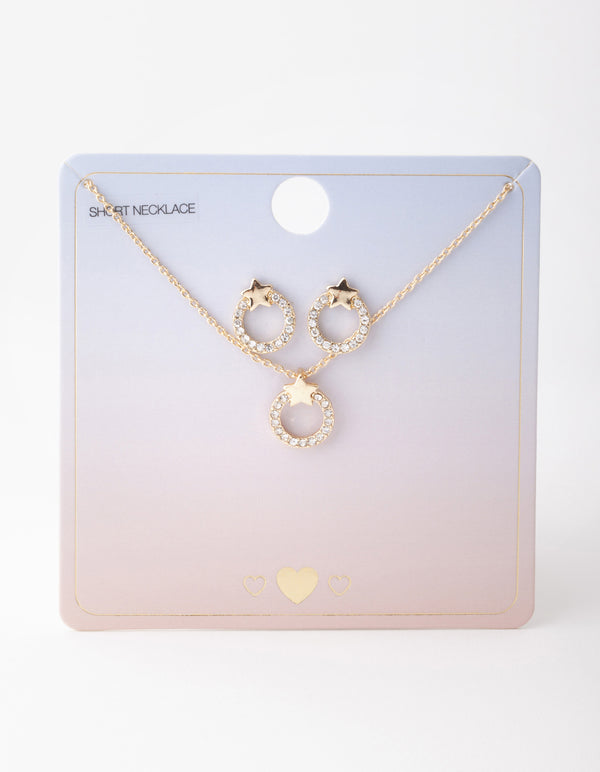 Gold Open Circle Diamante Necklace & Earrings Set