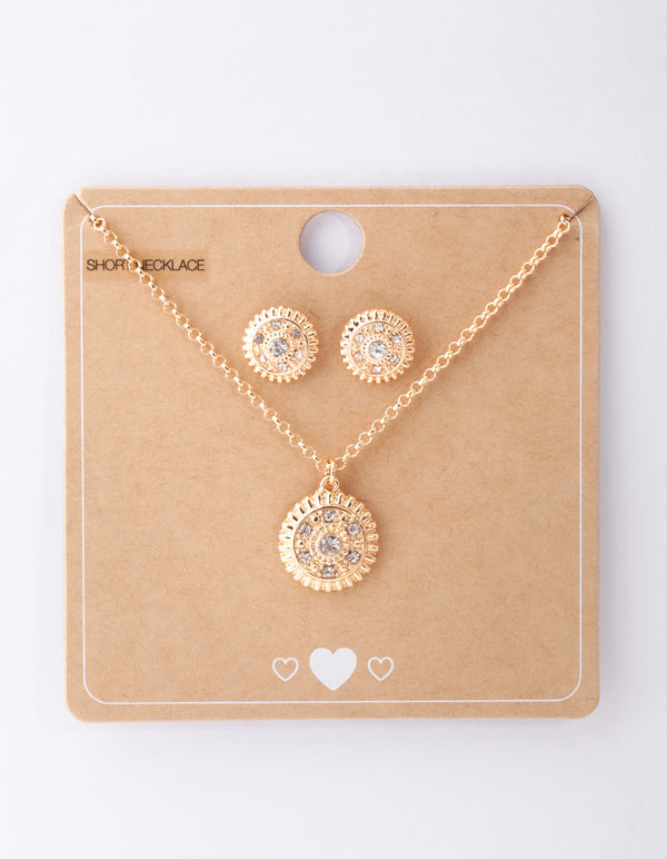 Gold Diamante Textured Necklace & Earring Set