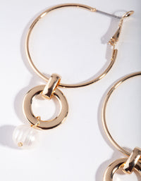 Gold Freshwater Pearl Link Drop Hoop Earrings - link has visual effect only