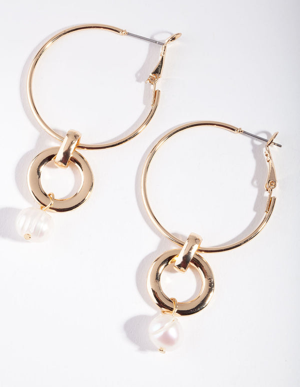 Gold Freshwater Pearl Link Drop Hoop Earrings