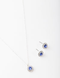 Silver Sapphire Diamante Circle Necklace & Earrings - link has visual effect only