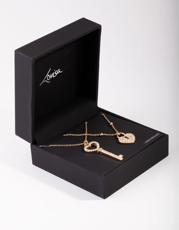 Gold Lock & Key Diamante Necklace