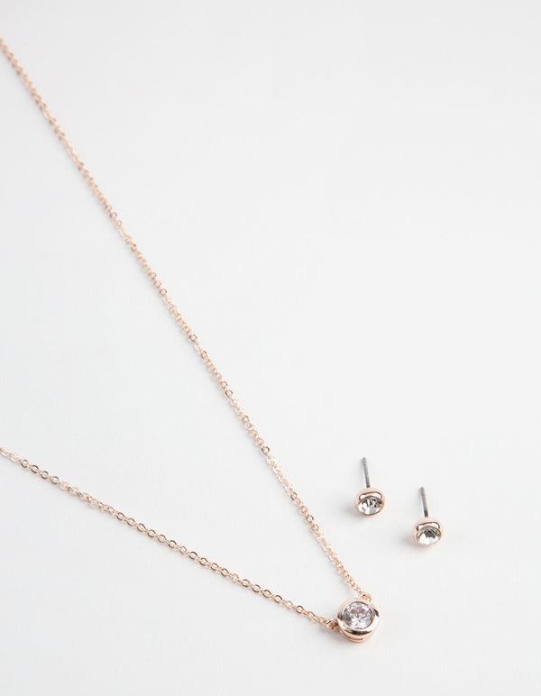 Rose Gold Circle Diamante Pendant & Earrings Set