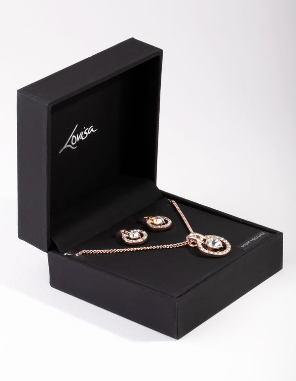 Rose Gold Circle Diamante Disc Necklace & Earrings Set