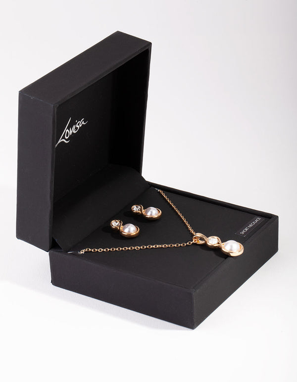 Gold Mini Twist Pearl Necklace & Earrings Set