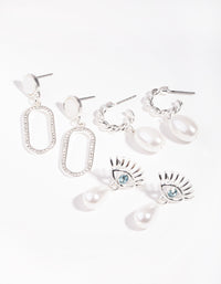 Silver Evil Eye Pearl Drop Pack Earring - link has visual effect only