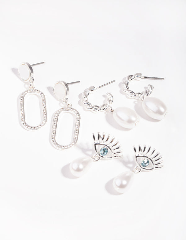 Silver Evil Eye Pearl Drop Pack Earring