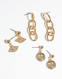 Gold Smiley Face Pack Drop Earring - link has visual effect only