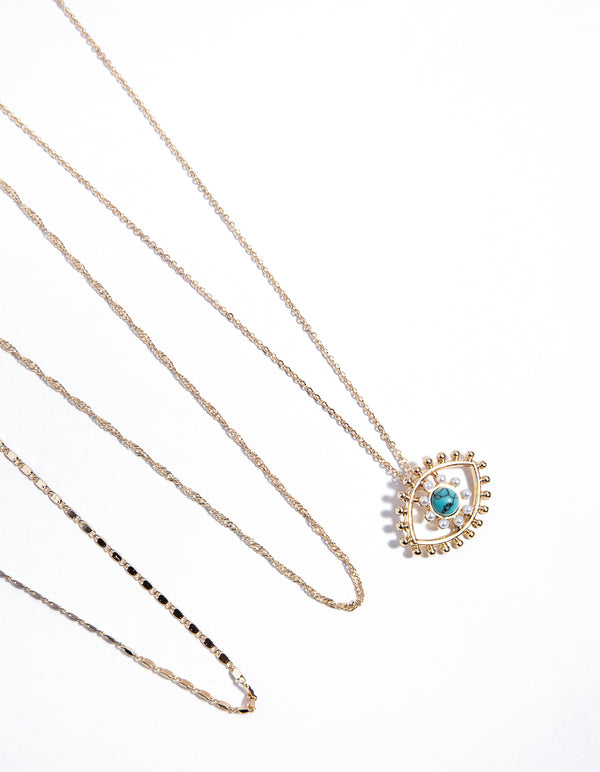 Gold Turquoise Pearl Evil Eye Layered Necklace